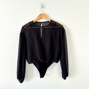 Wilfred Talmont Sheer Long Sleeve Chiffon Thong-Cut Bodysuit Black XS